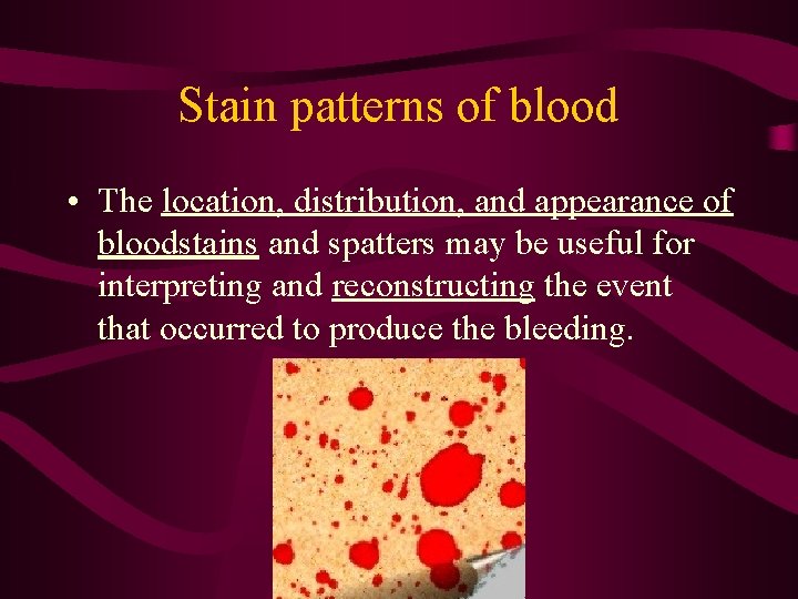 Stain patterns of blood • The location, distribution, and appearance of bloodstains and spatters