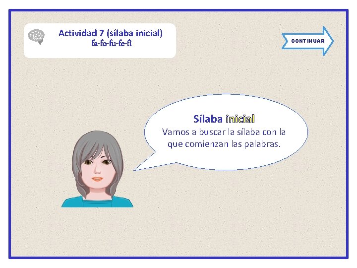 Actividad 7 (sílaba inicial) CONTINUAR fa-fo-fu-fe-fi Sílaba inicial Vamos a buscar la sílaba con