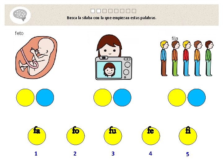 Busca la sílaba con la que empiezan estas palabras. feto fila fa fo fu