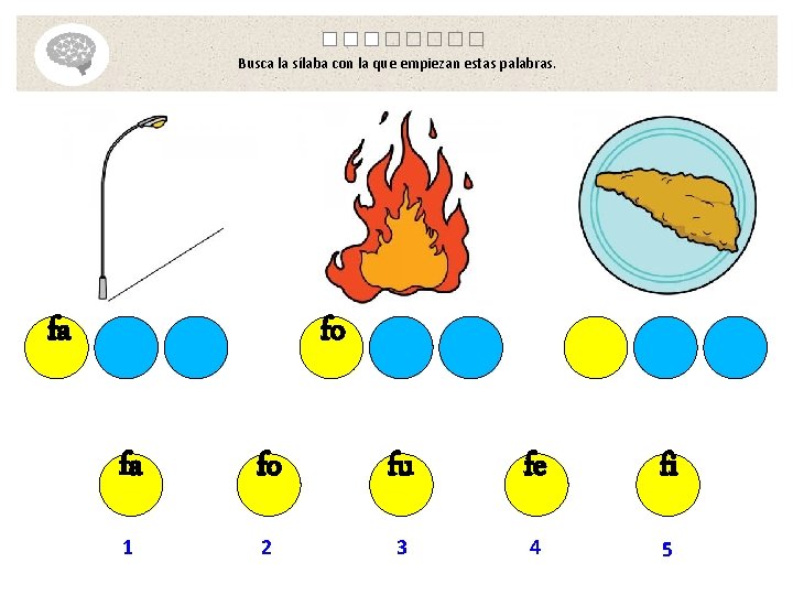 Busca la sílaba con la que empiezan estas palabras. fa fo fu fe fi