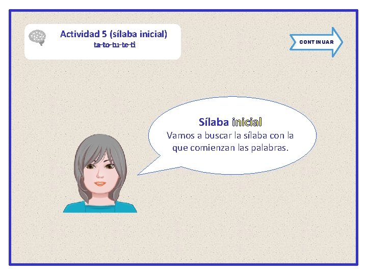 Actividad 5 (sílaba inicial) CONTINUAR ta-to-tu-te-ti Sílaba inicial Vamos a buscar la sílaba con