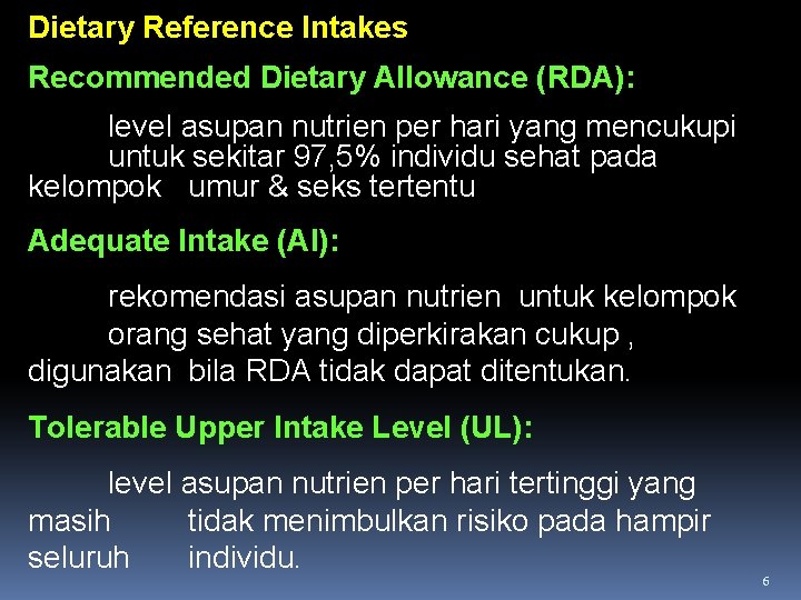 Dietary Reference Intakes Recommended Dietary Allowance (RDA): level asupan nutrien per hari yang mencukupi Dietary Reference Intakes Recommended Dietary Allowance (RDA): level asupan nutrien per hari yang mencukupi