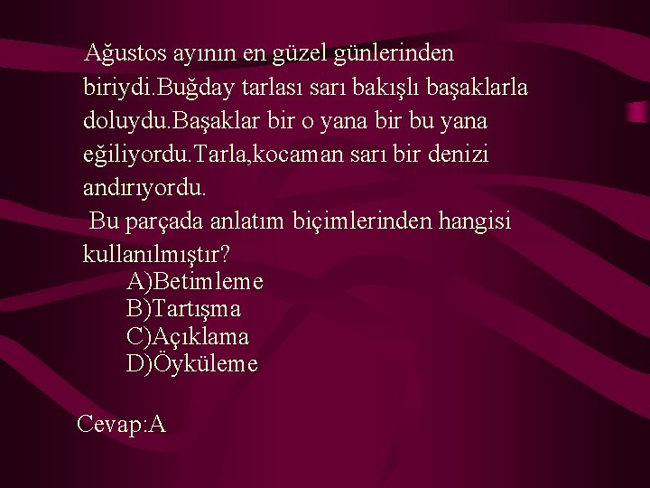 Ağustos ayının en güzel günlerinden biriydi. Buğday tarlası sarı bakışlı başaklarla doluydu. Başaklar bir