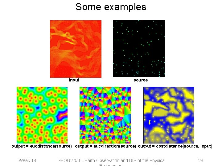 Some examples input source output = eucdistance(source) output = eucdirection(source) output = costdistance(source, input)