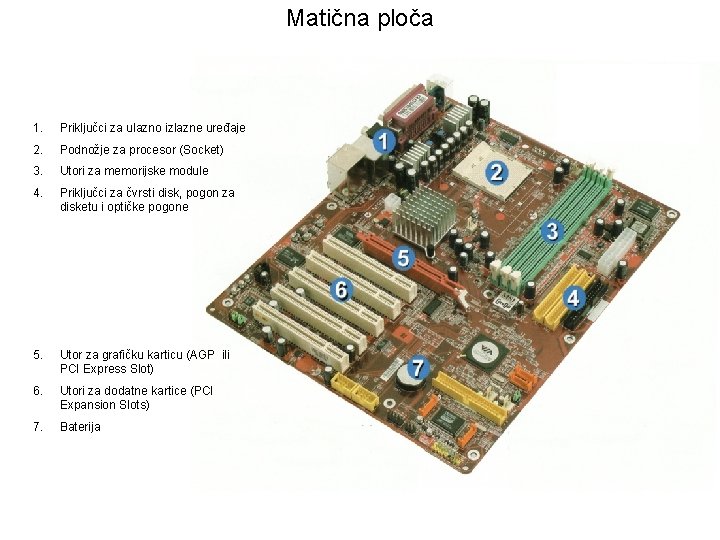 Matična ploča 1. Priključci za ulazno izlazne uređaje 2. Podnožje za procesor (Socket) 3.