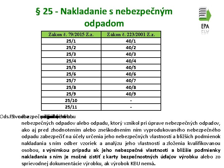 § 25 - Nakladanie s nebezpečným odpadom Zákon č. 79/2015 Z. z. 25/1 25/2