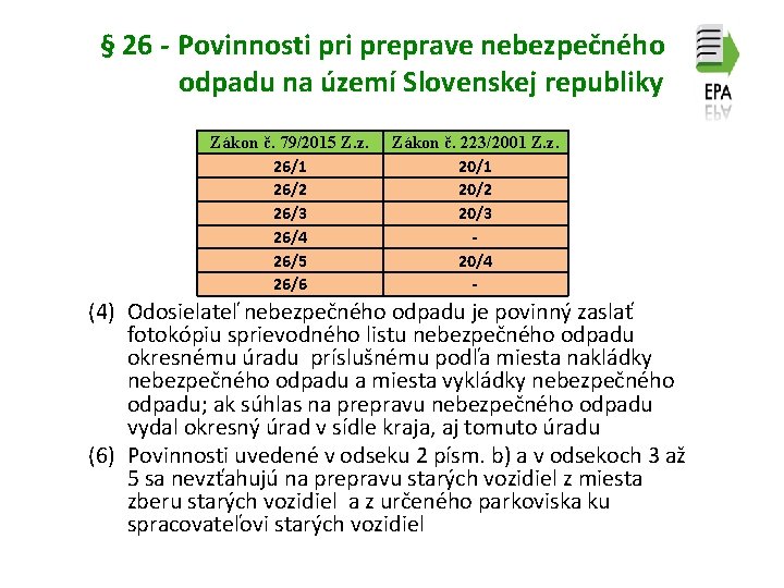 § 26 - Povinnosti preprave nebezpečného odpadu na území Slovenskej republiky Zákon č. 79/2015