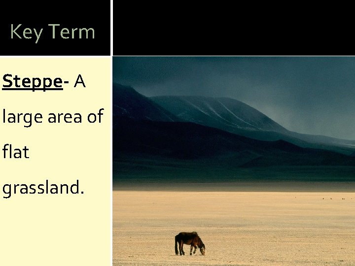 Key Term Steppe- A large area of flat grassland. 