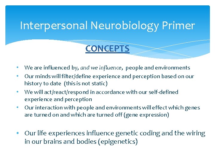 Interpersonal Neurobiology Primer CONCEPTS • We are influenced by, and we influence, people and