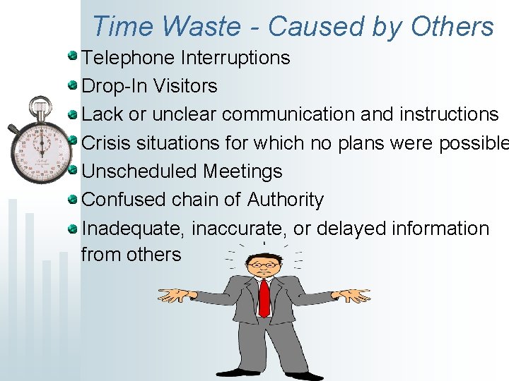 Time Waste - Caused by Others Telephone Interruptions Drop-In Visitors Lack or unclear communication