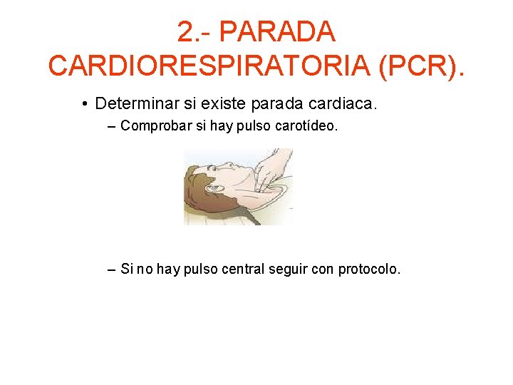 2. - PARADA CARDIORESPIRATORIA (PCR). • Determinar si existe parada cardiaca. – Comprobar si
