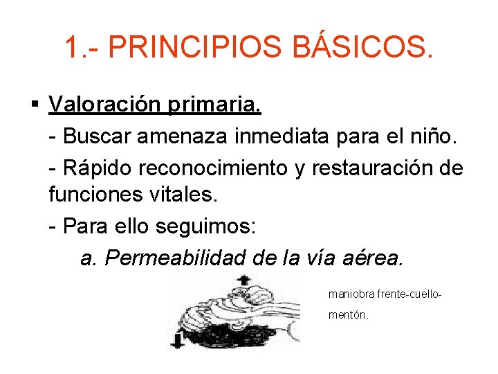 1. - PRINCIPIOS BÁSICOS. § Valoración primaria. - Buscar amenaza inmediata para el niño.