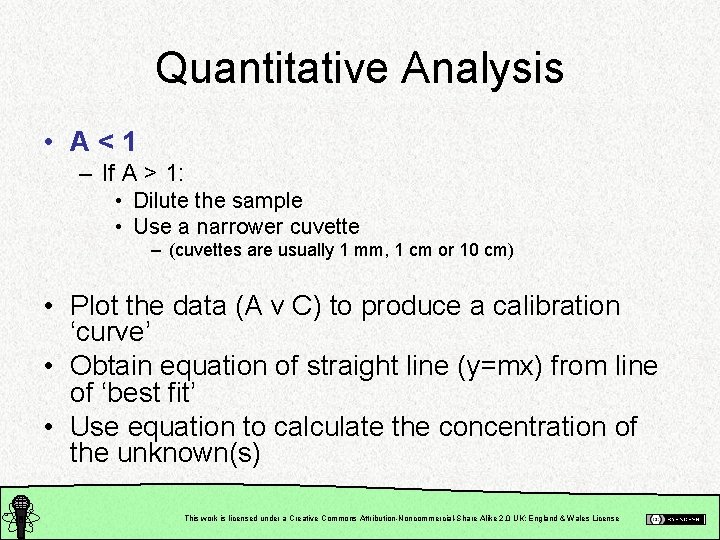 Quantitative Analysis • A<1 – If A > 1: • Dilute the sample •