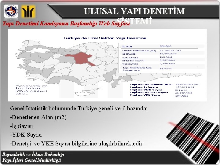 ULUSAL YAPI DENETİM SİSTEMİ Yapı Denetimi Komisyonu Başkanlığı Web Sayfası Genel İstatistik bölümünde Türkiye