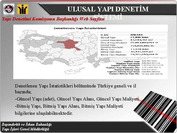 ULUSAL YAPI DENETİM SİSTEMİ Yapı Denetimi Komisyonu Başkanlığı Web Sayfası Denetlenen Yapı İstatistikleri bölümünde