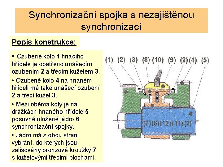 Synchronizační spojka s nezajištěnou synchronizací Popis konstrukce: • Ozubené kolo 1 hnacího hřídele je