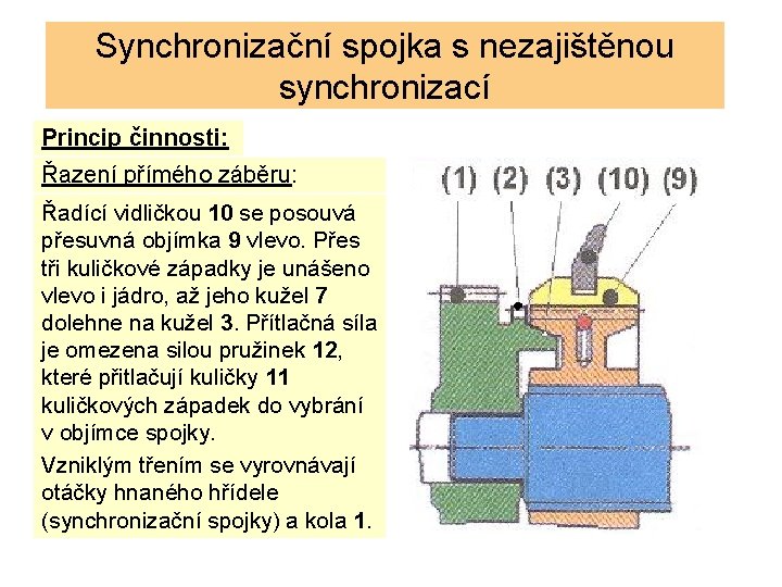 Synchronizační spojka s nezajištěnou synchronizací Princip činnosti: Řazení přímého záběru: Řadící vidličkou 10 se