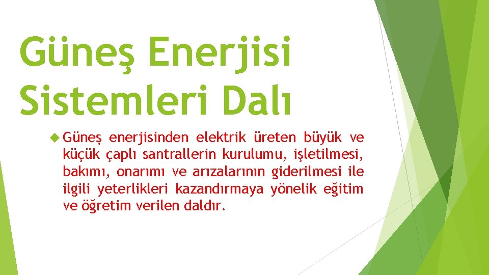 Güneş Enerjisi Sistemleri Dalı Güneş enerjisinden elektrik üreten büyük ve küçük çaplı santrallerin kurulumu,