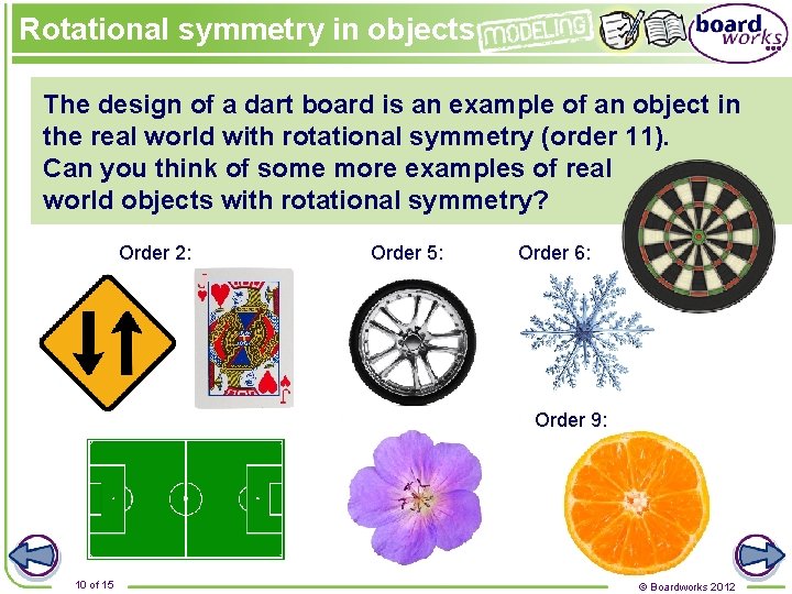 Rotational symmetry in objects The design of a dart board is an example of