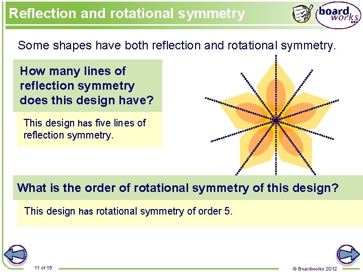 Reflection and rotational symmetry Some shapes have both reflection and rotational symmetry. How many