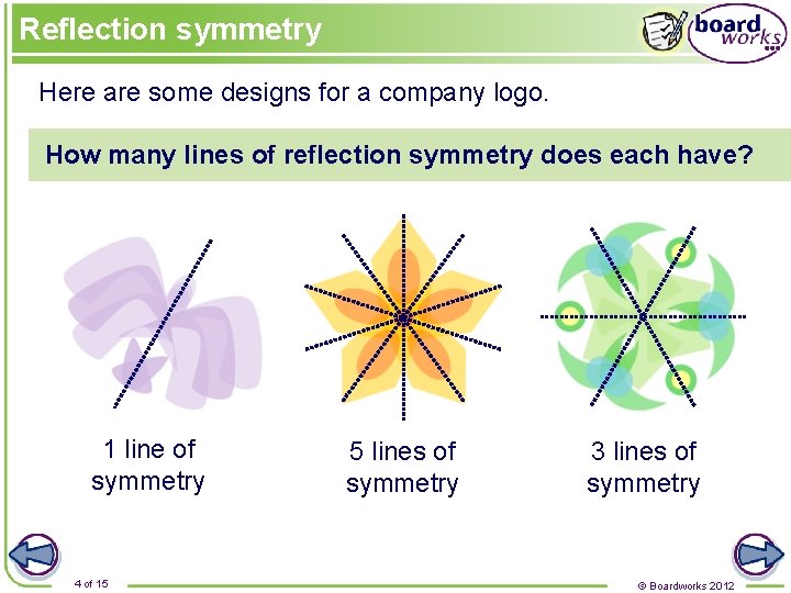 Reflection symmetry Here are some designs for a company logo. How many lines of