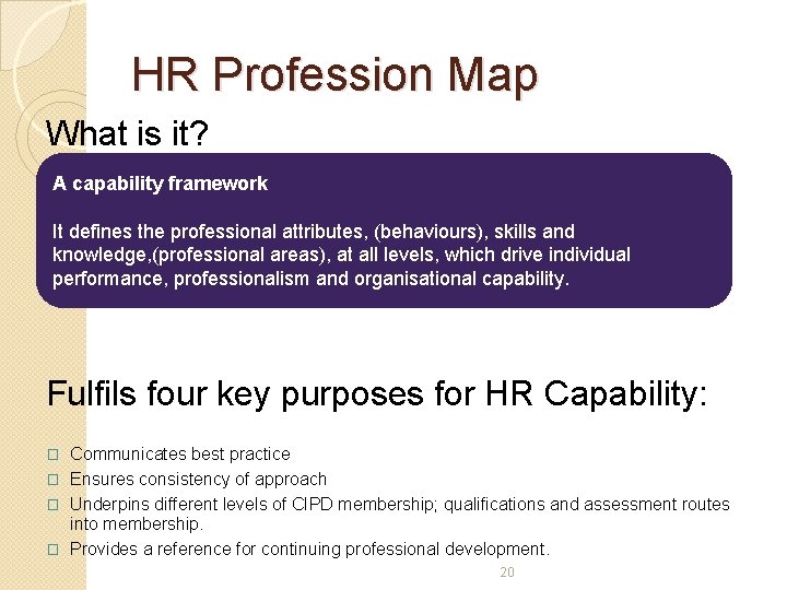 HR Profession Map What is it? A capability framework It defines the professional attributes,