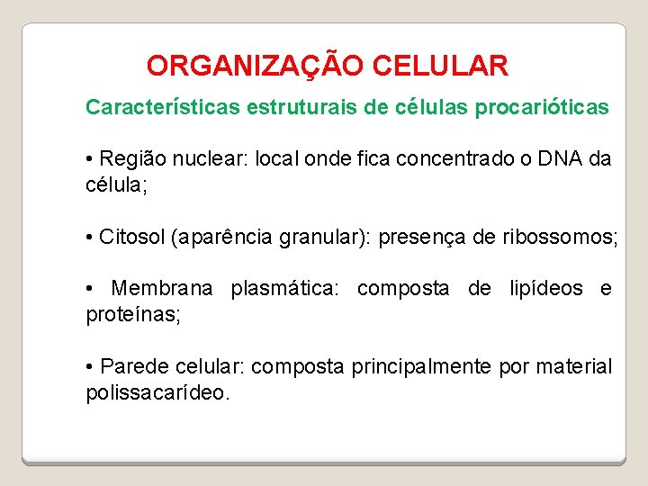 ORGANIZAÇÃO CELULAR Características estruturais de células procarióticas • Região nuclear: local onde fica concentrado