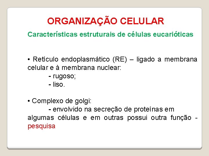 ORGANIZAÇÃO CELULAR Características estruturais de células eucarióticas • Retículo endoplasmático (RE) – ligado a