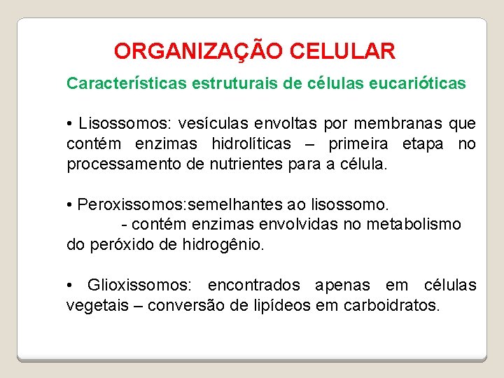 ORGANIZAÇÃO CELULAR Características estruturais de células eucarióticas • Lisossomos: vesículas envoltas por membranas que