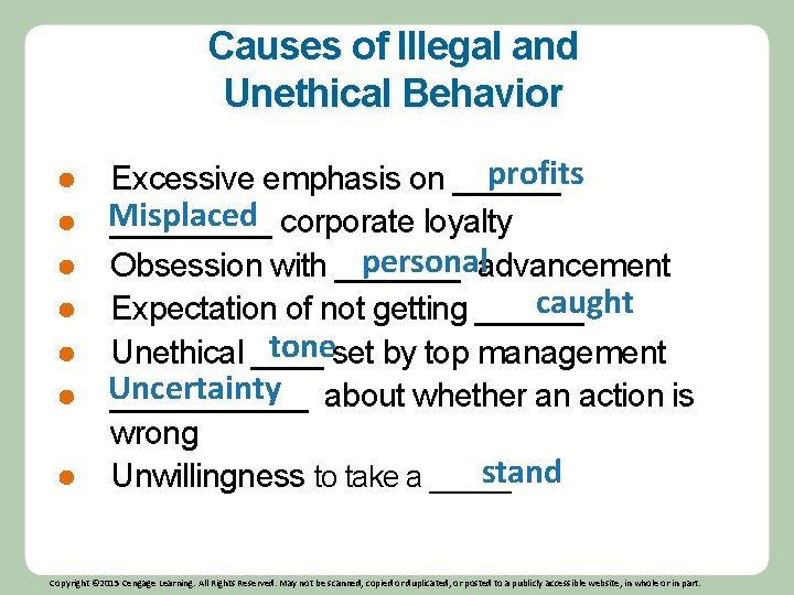 Causes of Illegal and Unethical Behavior profits Excessive emphasis on ______ Misplaced _____ corporate