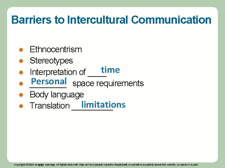 Barriers to Intercultural Communication ● ● ● Ethnocentrism Stereotypes time Interpretation of ____ Personal