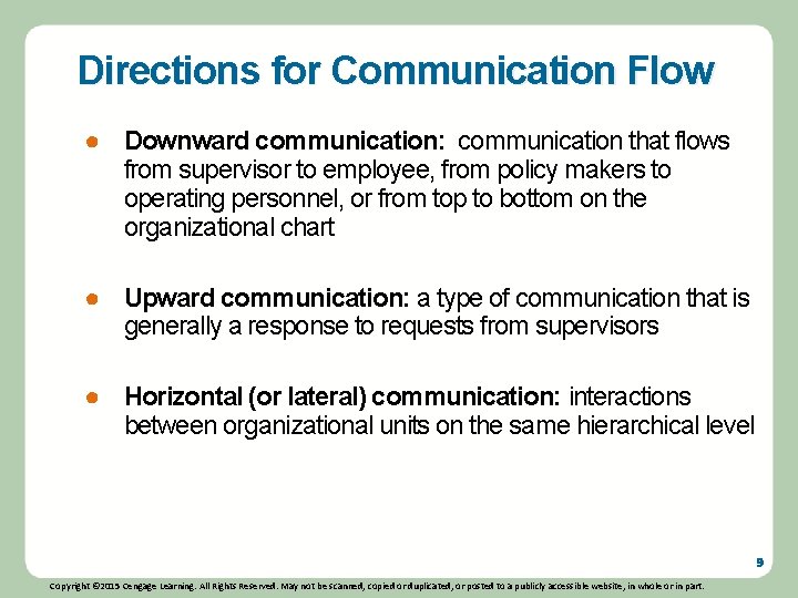 Directions for Communication Flow ● Downward communication: communication that flows from supervisor to employee, Directions for Communication Flow ● Downward communication: communication that flows from supervisor to employee,