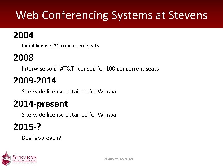 Web Conferencing Systems at Stevens 2004 Initial license: 25 concurrent seats 2008 Interwise sold;