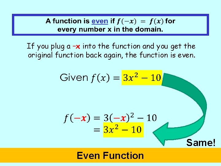  If you plug a –x into the function and you get the original