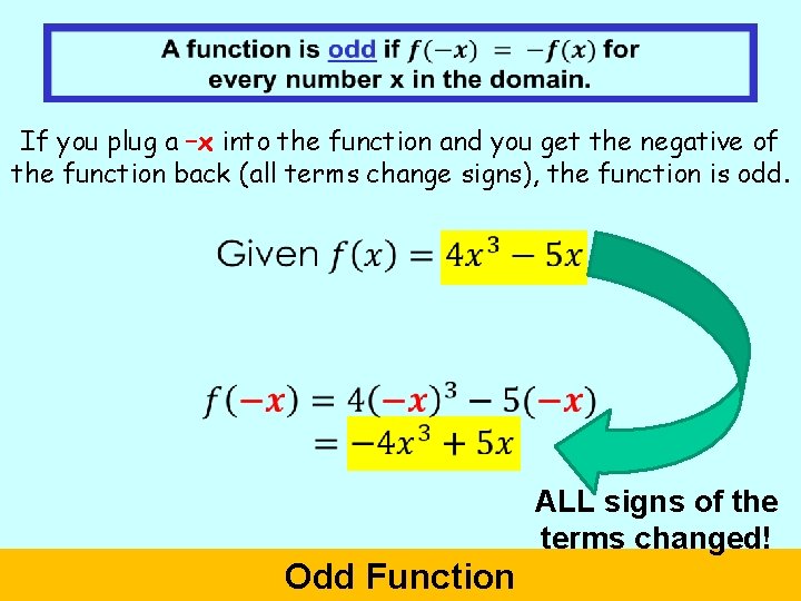  If you plug a –x into the function and you get the negative