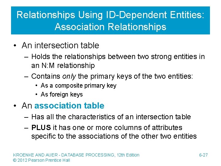 Relationships Using ID-Dependent Entities: Association Relationships • An intersection table – Holds the relationships