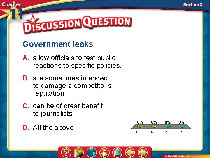 Government leaks A. allow officials to test public reactions to specific policies. B. are
