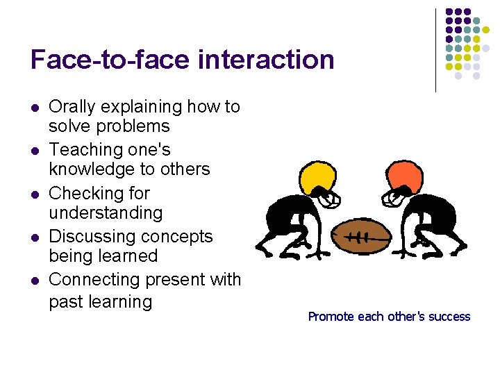 Face-to-face interaction l l l Orally explaining how to solve problems Teaching one's knowledge
