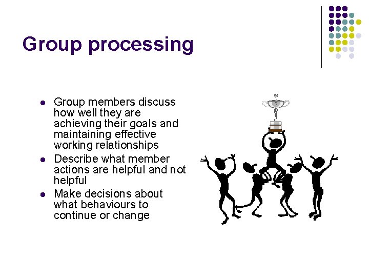 Group processing l l l Group members discuss how well they are achieving their