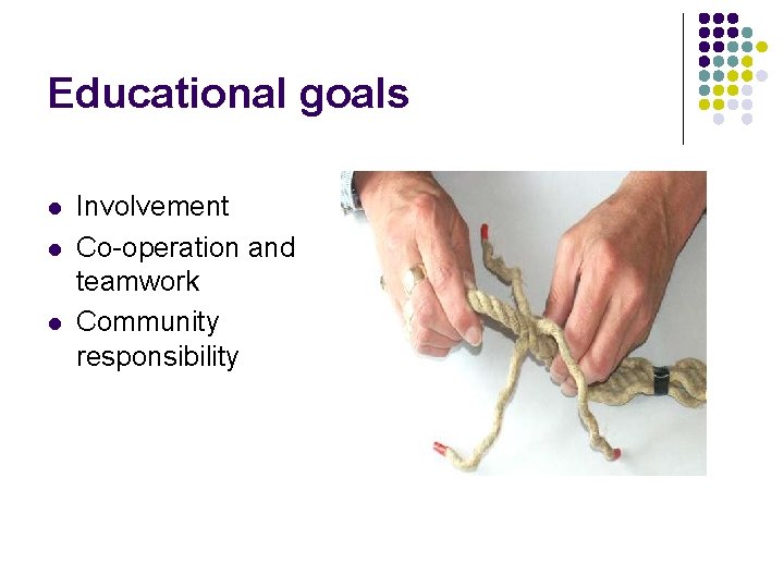 Educational goals l l l Involvement Co-operation and teamwork Community responsibility 