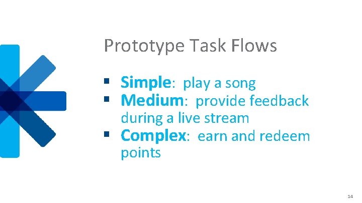 Prototype Task Flows § Simple: play a song § Medium: provide feedback during a