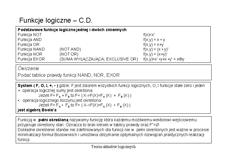 Funkcje logiczne – C. D. Podstawowe funkcje logiczne jednej i dwóch zmiennych Funkcja NOT