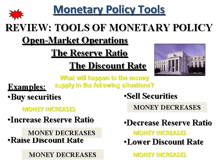 Monetary Policy Tools REVIEW: TOOLS OF MONETARY POLICY Open-Market Operations The Reserve Ratio The