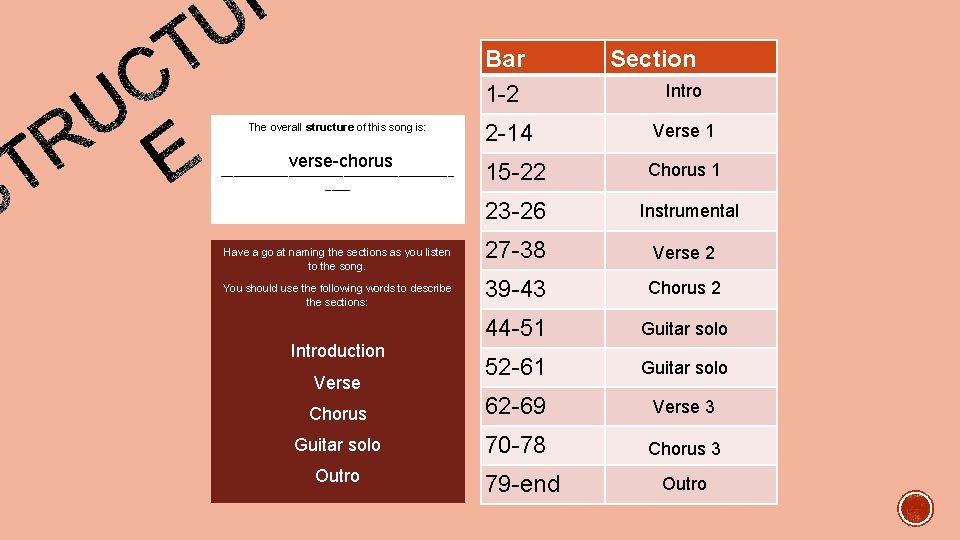 The overall structure of this song is: verse-chorus ___________________ Have a go at naming