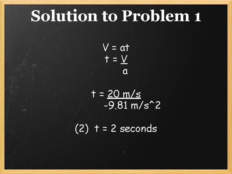 Solution to Problem 1 V = at t=V a t = 20 m/s -9.