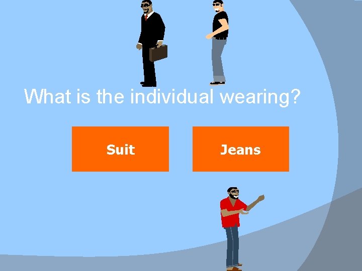 What is the individual wearing? Suit Jeans 