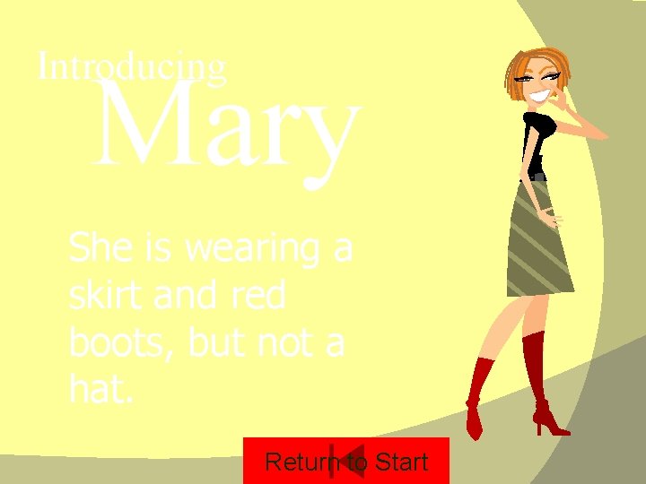 Introducing Mary She is wearing a skirt and red boots, but not a hat.