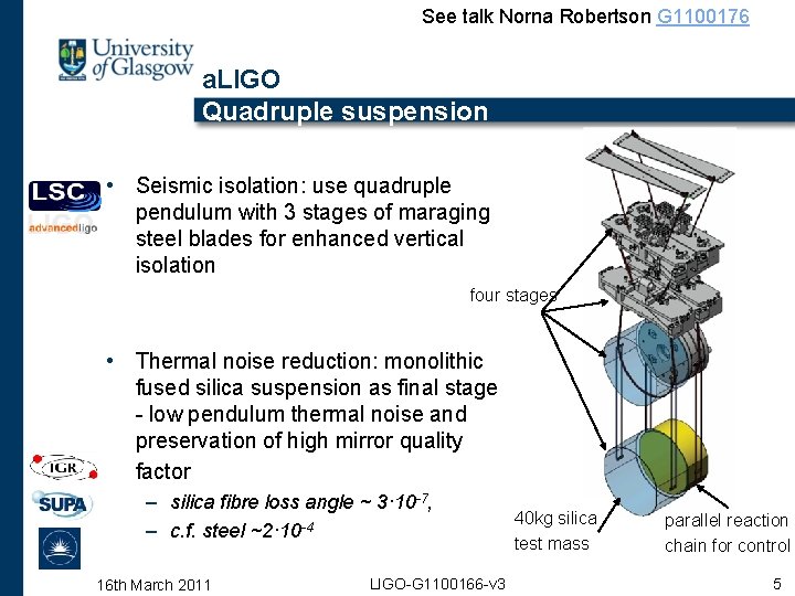 See talk Norna Robertson G 1100176 a. LIGO Quadruple suspension • Seismic isolation: use