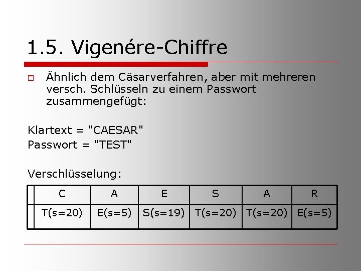 1. 5. Vigenére-Chiffre o Ähnlich dem Cäsarverfahren, aber mit mehreren versch. Schlüsseln zu einem