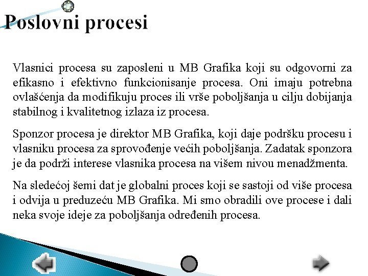 Vlasnici procesa su zaposleni u MB Grafika koji su odgovorni za efikasno i efektivno